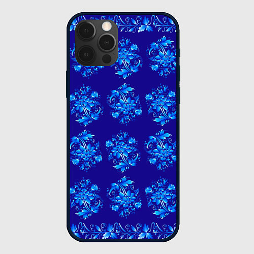 Чехол iPhone 12 Pro Max Узоры гжель на синем фоне / 3D-Черный – фото 1