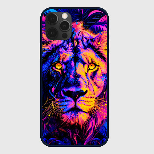 Чехол iPhone 12 Pro Max Неоновый лев в джунглях / 3D-Черный – фото 1