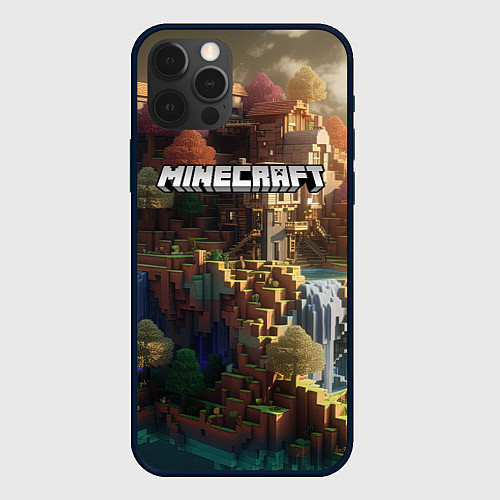 Чехол iPhone 12 Pro Max Minecraft logo горы и реки / 3D-Черный – фото 1