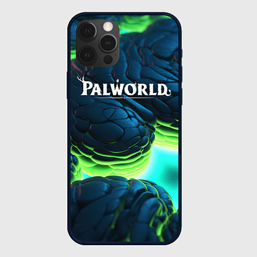 Чехол iPhone 12 Pro Max Palworld логотип на ярких синих и зеленых неоновых / 3D-Черный – фото 1