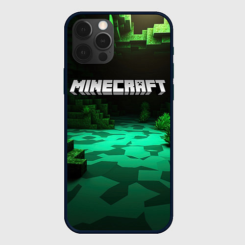 Чехол iPhone 12 Pro Max Minecraft logo зеленый яркий мир / 3D-Черный – фото 1