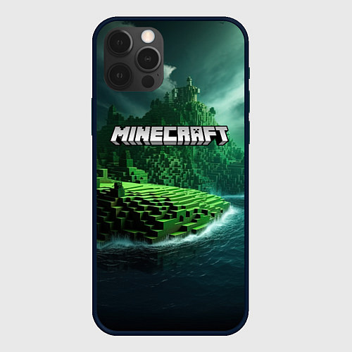 Чехол iPhone 12 Pro Max Minecraft logo зеленый мир / 3D-Черный – фото 1