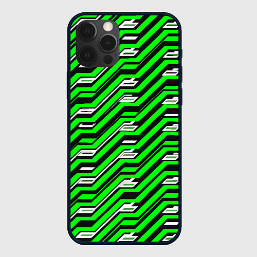 Чехол iPhone 12 Pro Max Чёрно-зелёный линейный узор киберпанк / 3D-Черный – фото 1
