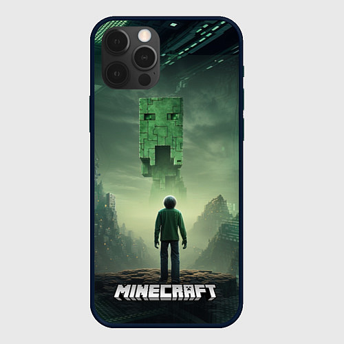 Чехол iPhone 12 Pro Max Minecraft зеленый монстр и персонаж / 3D-Черный – фото 1