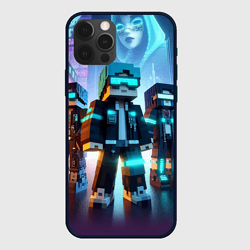 Чехол iPhone 12 Pro Max Minecraft - neon metropolis ai art / 3D-Черный – фото 1