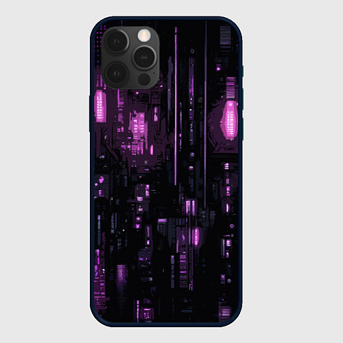 Чехол iPhone 12 Pro Max Киберпанк светящиеся фиолетовые элементы / 3D-Черный – фото 1