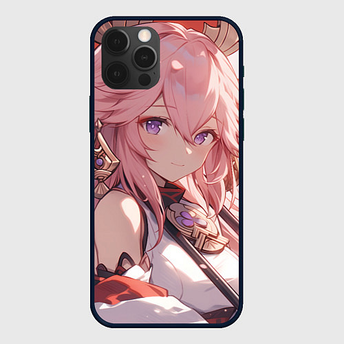 Чехол iPhone 12 Pro Max Genshin Impact Яэ Miko smile / 3D-Черный – фото 1