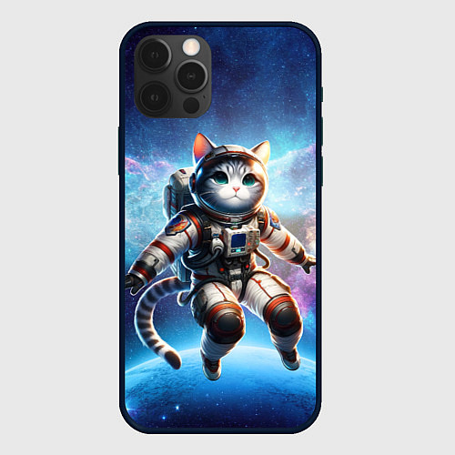 Чехол iPhone 12 Pro Max Кот космонавт в космосе / 3D-Черный – фото 1