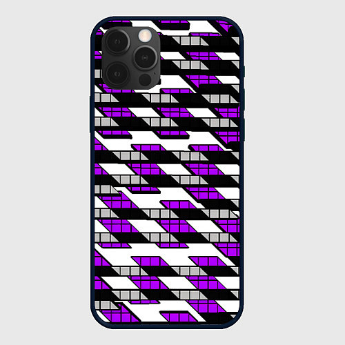 Чехол iPhone 12 Pro Max Фиолетовые треугольники и квадраты на белом фоне / 3D-Черный – фото 1