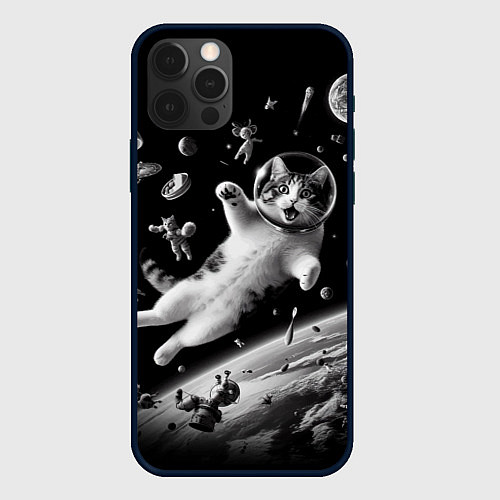 Чехол iPhone 12 Pro Max Офигевший котейка в безвоздушном пространстве / 3D-Черный – фото 1