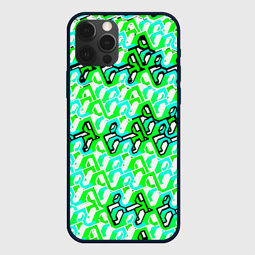 Чехол iPhone 12 Pro Max Зелёный узор и бело-чёрная обводка / 3D-Черный – фото 1