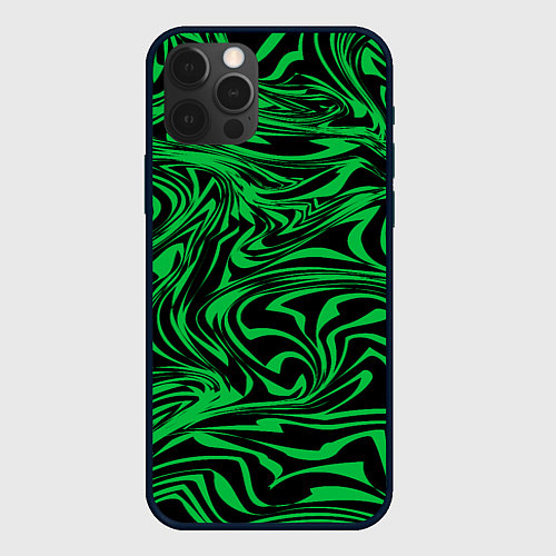 Чехол iPhone 12 Pro Max Узор на черном фоне с ярким зеленым абстрактным ди / 3D-Черный – фото 1