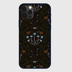 Чехол iPhone 12 Pro Max Волшебный лес, грибы, улитки и мотыльки - паттерн