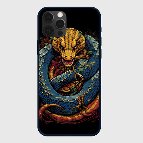 Чехол iPhone 12 Pro Max Желто-синий дракон муай-тай / 3D-Черный – фото 1