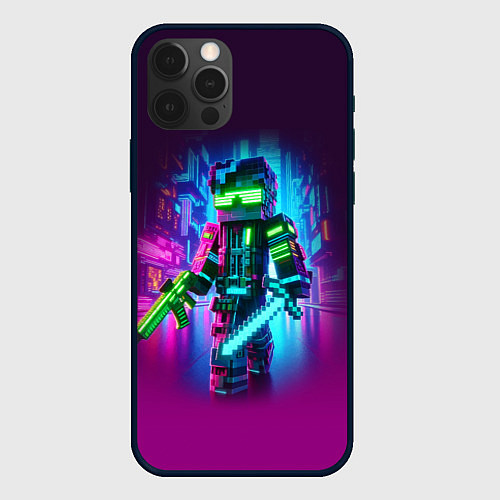 Чехол iPhone 12 Pro Max Cyberpunk and Minecraft - collaboration ai art / 3D-Черный – фото 1