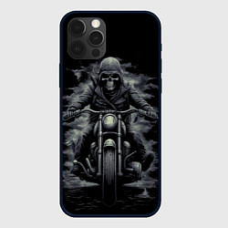 Чехол iPhone 12 Pro Max Скелет на мотоцикле черно-белый стиль
