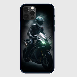 Чехол iPhone 12 Pro Max Мотоциклист на спортивном байке черный фон