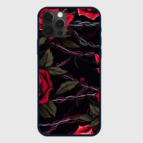 Чехол iPhone 12 Pro Max Череп и красные розы / 3D-Черный – фото 1
