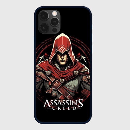 Чехол iPhone 12 Pro Max Assassins creed в красном капюшоне / 3D-Черный – фото 1