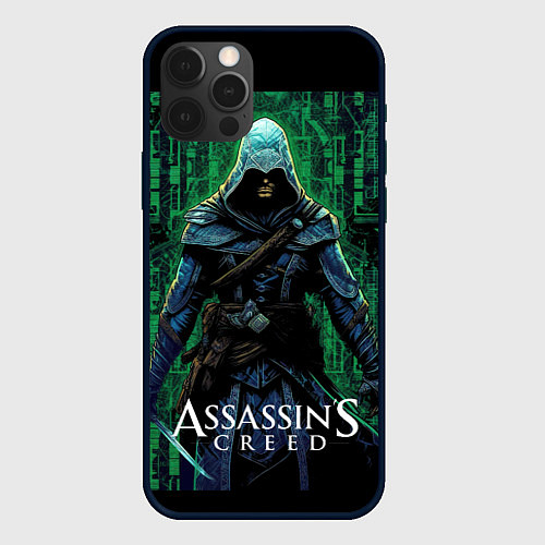 Чехол iPhone 12 Pro Max Assassins creed зеленый стиль матрицы / 3D-Черный – фото 1