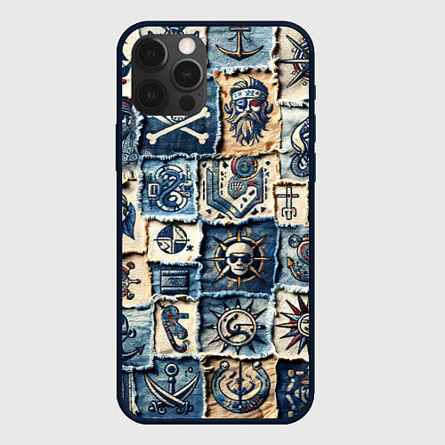 Чехол iPhone 12 Pro Max Пираты на пэчворк дениме / 3D-Черный – фото 1
