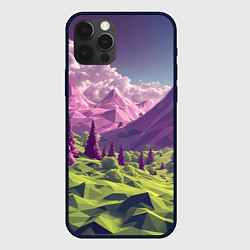 Чехол для iPhone 12 Pro Max Геометрический зеленый пейзаж и фиолетовые горы, цвет: 3D-черный