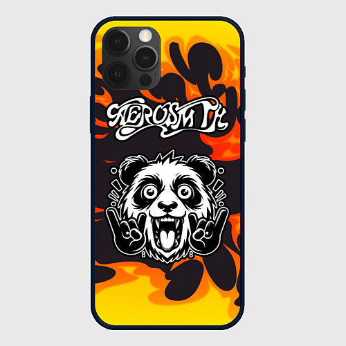 Чехол iPhone 12 Pro Max Aerosmith рок панда и огонь / 3D-Черный – фото 1