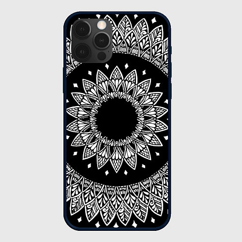 Чехол iPhone 12 Pro Max Мандала черно-белая с лепестками / 3D-Черный – фото 1