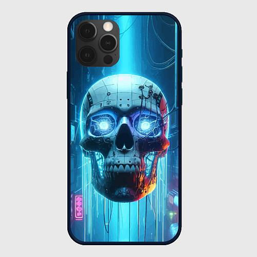 Чехол iPhone 12 Pro Max Cyber skull - neon glow ai art / 3D-Черный – фото 1