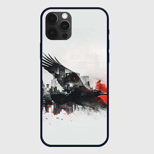 Чехол iPhone 12 Pro Max Летающий ворон и город / 3D-Черный – фото 1