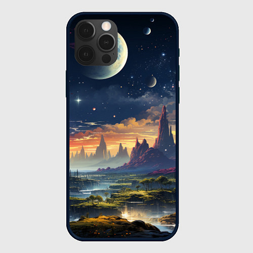 Чехол iPhone 12 Pro Max Космический фантазийный мир на другой планете / 3D-Черный – фото 1