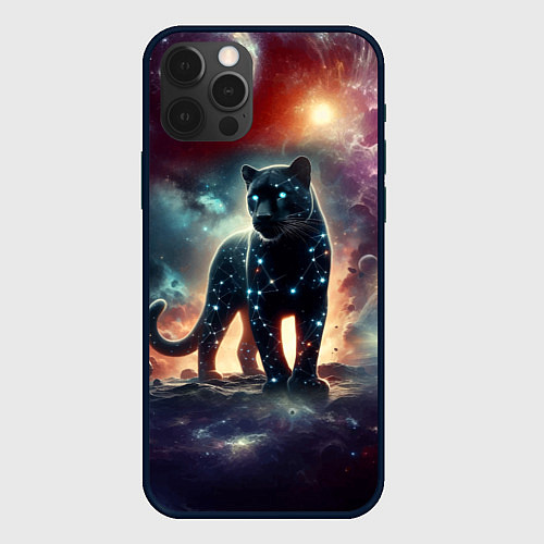 Чехол iPhone 12 Pro Max Звёздная космическая пантера - нейросеть неоновое / 3D-Черный – фото 1