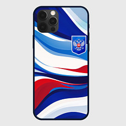 Чехол для iPhone 12 Pro Max Герб России на абстрактном фоне в цветах России, цвет: 3D-черный