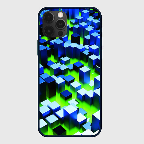 Чехол iPhone 12 Pro Max Синие блоки в зеленом тумане / 3D-Черный – фото 1
