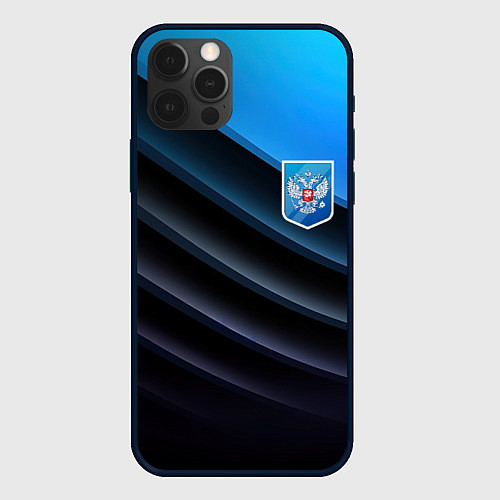 Чехол iPhone 12 Pro Max Герб России и черно-синяя абстракция / 3D-Черный – фото 1