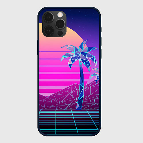 Чехол iPhone 12 Pro Max Vaporwave неоновые горы и пальмы / 3D-Черный – фото 1