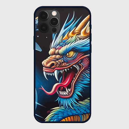 Чехол iPhone 12 Pro Max Фантастический космический дракон - нейросеть / 3D-Черный – фото 1