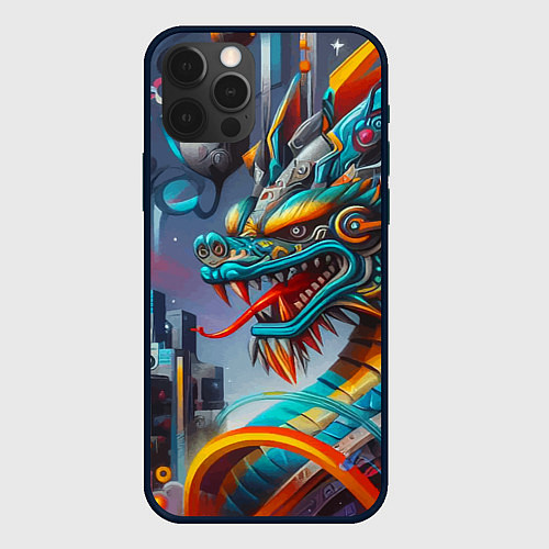 Чехол iPhone 12 Pro Max Фантастическая композиция с драконом - нейросеть / 3D-Черный – фото 1