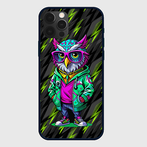 Чехол iPhone 12 Pro Max Модная сова и зеленые молнии / 3D-Черный – фото 1