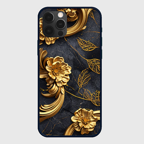 Чехол iPhone 12 Pro Max Золотые объемные узоры на ткани / 3D-Черный – фото 1