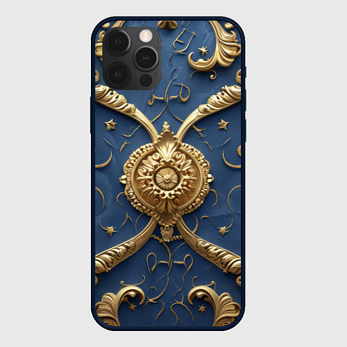 Чехол iPhone 12 Pro Max Золотые узоры на синей ткани / 3D-Черный – фото 1