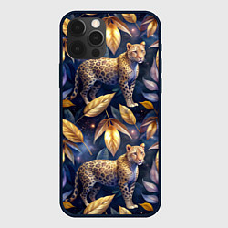 Чехол iPhone 12 Pro Max Леопард с золотыми листьями паттерны