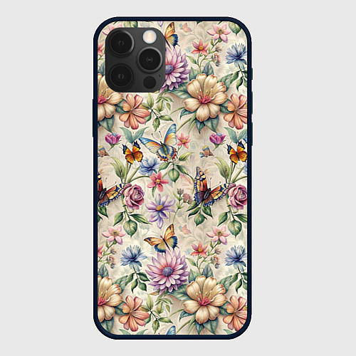 Чехол iPhone 12 Pro Max Летний узор с цветами и бабочками / 3D-Черный – фото 1