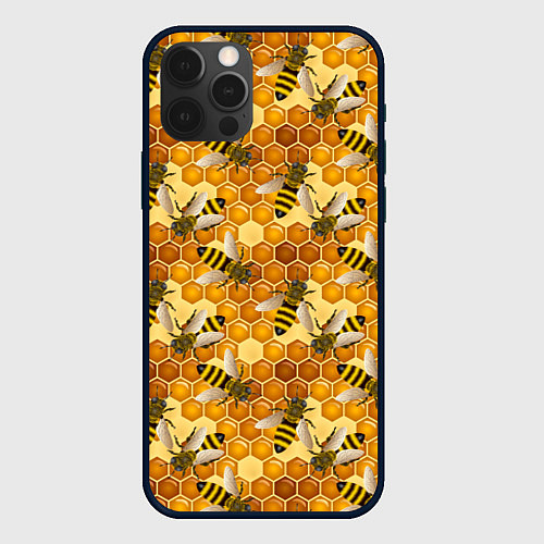 Чехол iPhone 12 Pro Max Соты со пчелами / 3D-Черный – фото 1