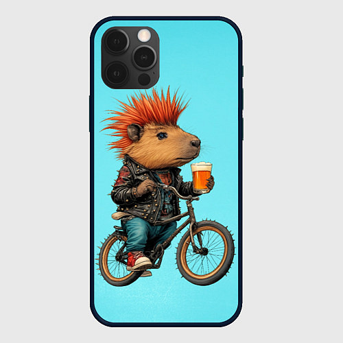 Чехол iPhone 12 Pro Max Капибара байкер с ирокезом и пивом / 3D-Черный – фото 1