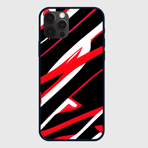 Чехол iPhone 12 Pro Max Красно-белые полосы на чёрном фоне / 3D-Черный – фото 1
