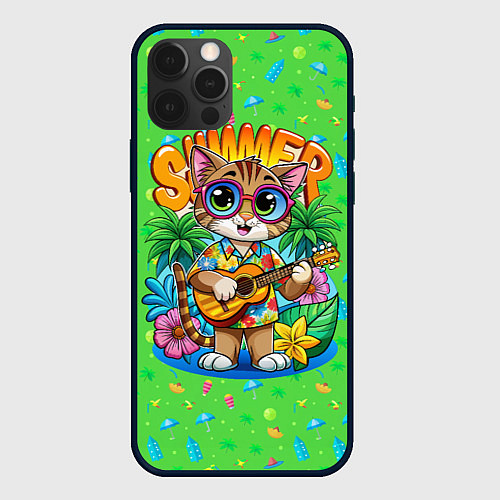 Чехол iPhone 12 Pro Max Кот играет на гитаре летом / 3D-Черный – фото 1