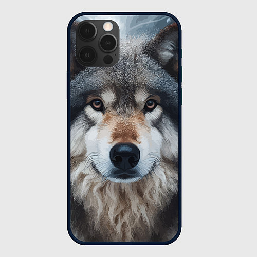 Чехол iPhone 12 Pro Max Волк в лесу - первый снег / 3D-Черный – фото 1