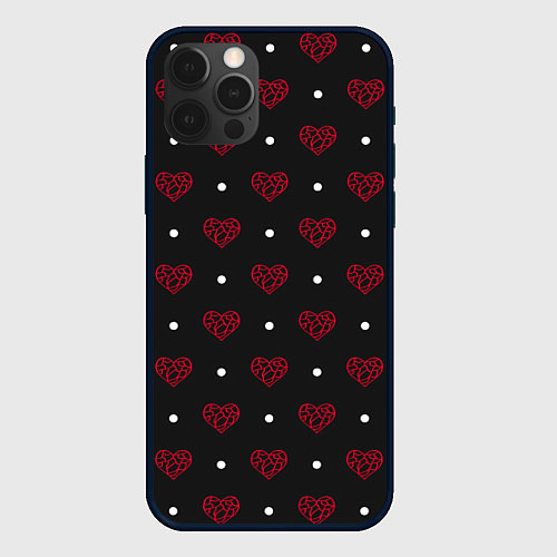 Чехол iPhone 12 Pro Max Красные сердечки и белые точки на черном / 3D-Черный – фото 1