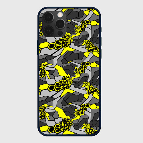 Чехол iPhone 12 Pro Max Шестиугольная текстура желтого камуфляжа / 3D-Черный – фото 1